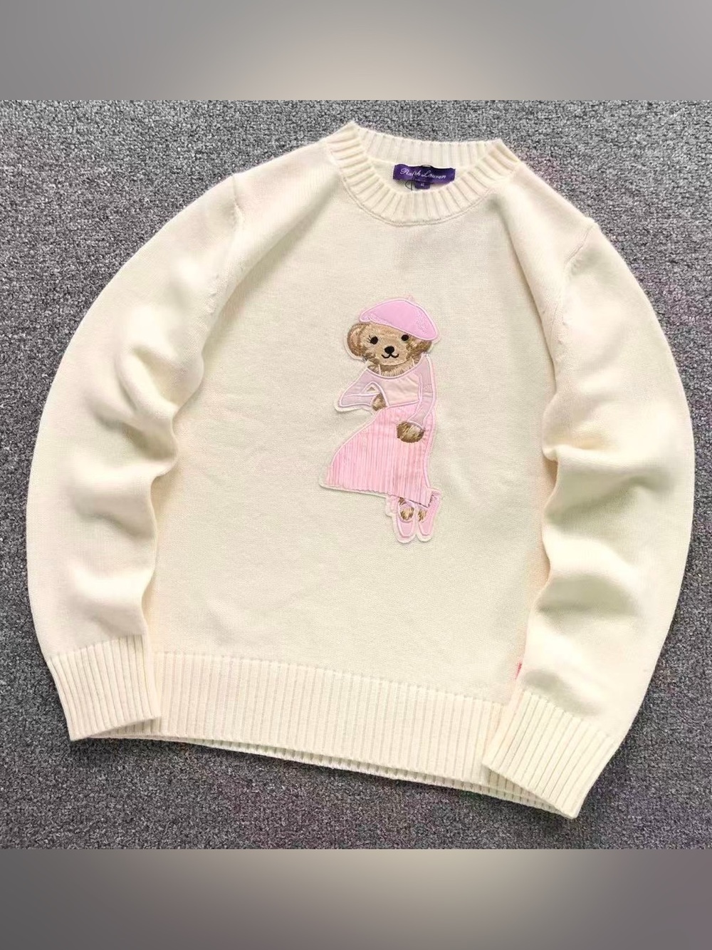 Polo by Ralph Lauren Cream Crewneck Sweater with Pink Bear Appliqué